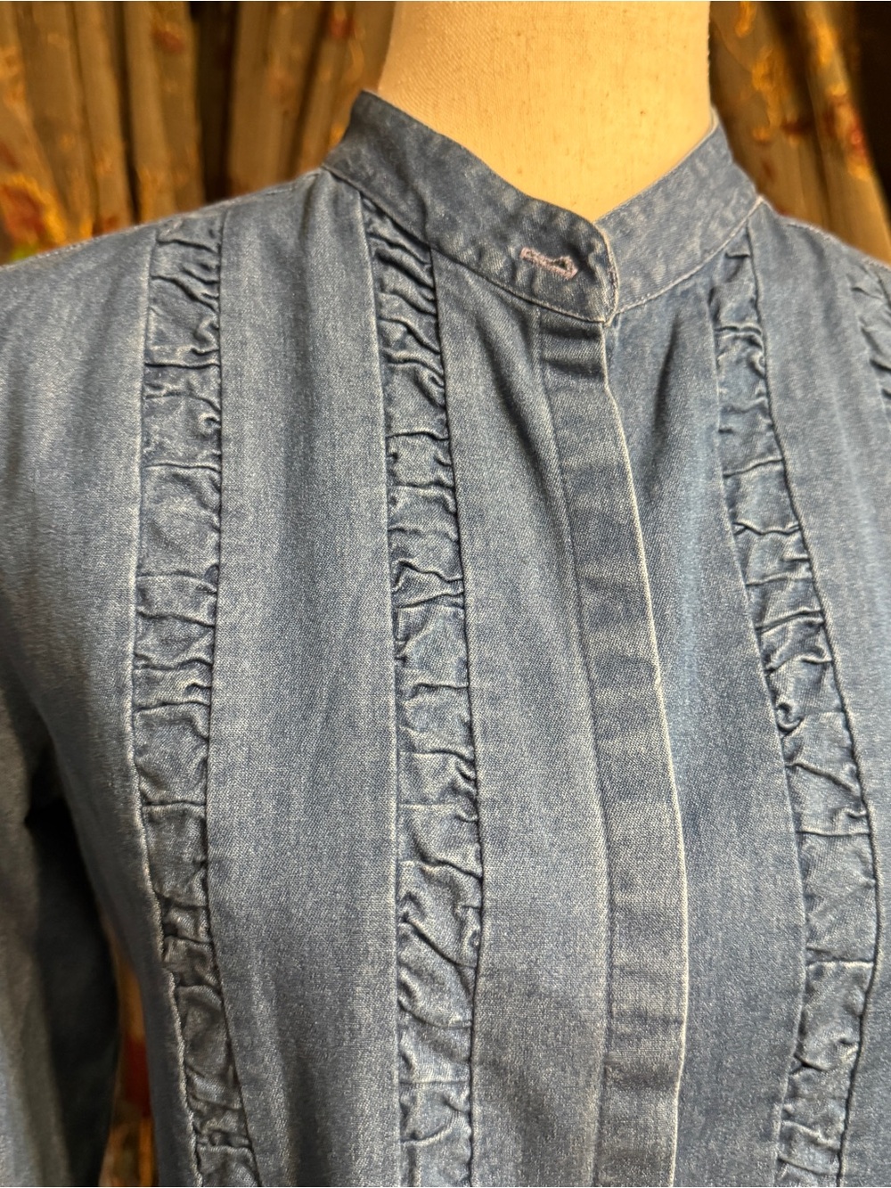 Talbots Blue Denim Ruffle-Trim Button Front Top - Picture 3 of 6